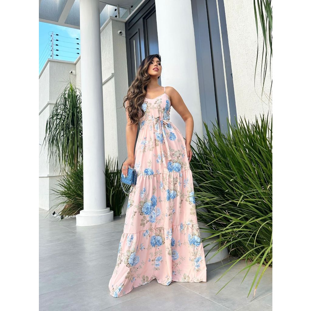 Vestido longo Aline, rosa floral