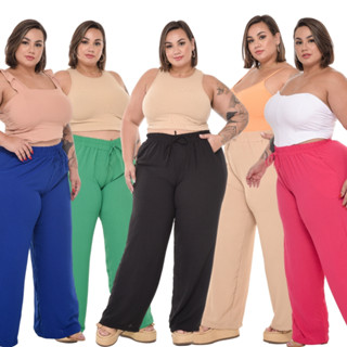 Calça Pantalona Plus Size Feminina Com Bolso Elástico Na Cintura Tecido Duna Cintura Alta