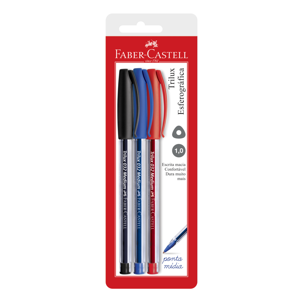 Caneta esferográfica Trilux 1mm azul/preto/vermelho 3 unid SM/032 Faber-Castell em Oferta na Shopee