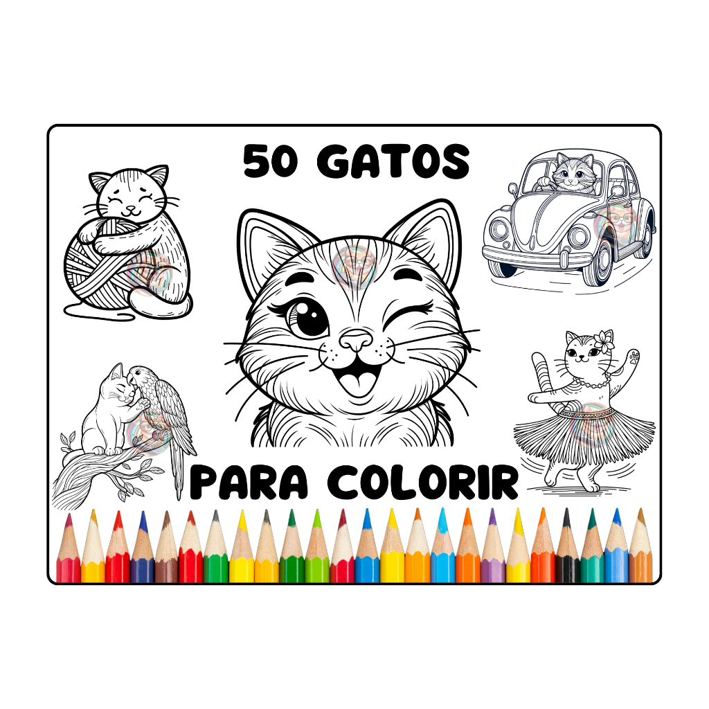 Kit 50 Desenhos De Colorir Gatos/ Caderno de Colorir Gatos - 2 por Página - Folha A4