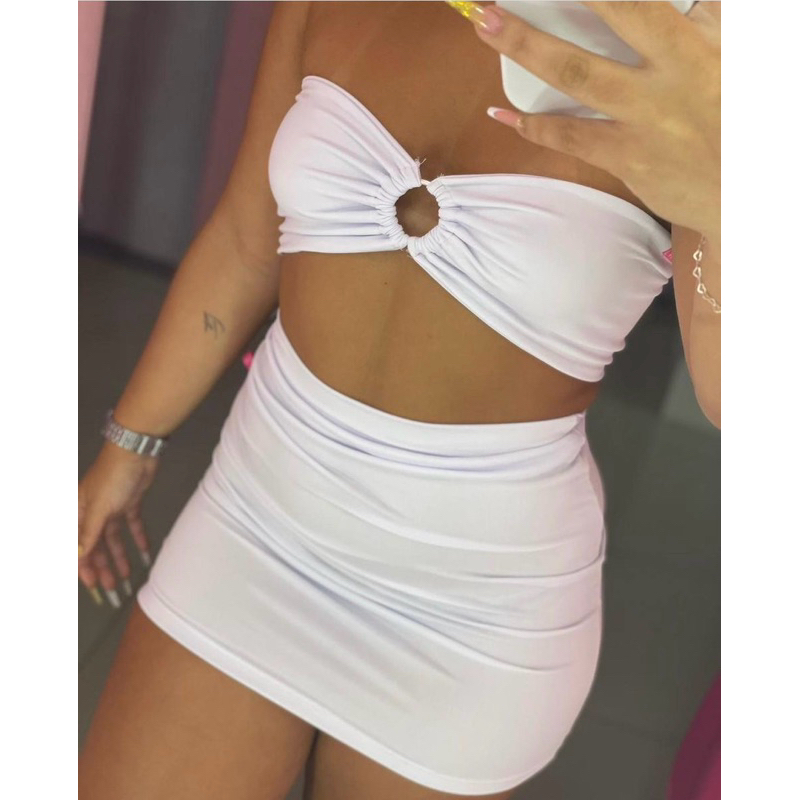 Conjunto saia e cropped argola,suplex com bojo