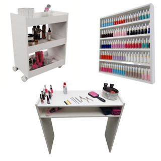 Kit Para Manicure Com Mesa + Prateleira de Esmaltes + Carrinho Auxiliar com 3 Bandejas e R...