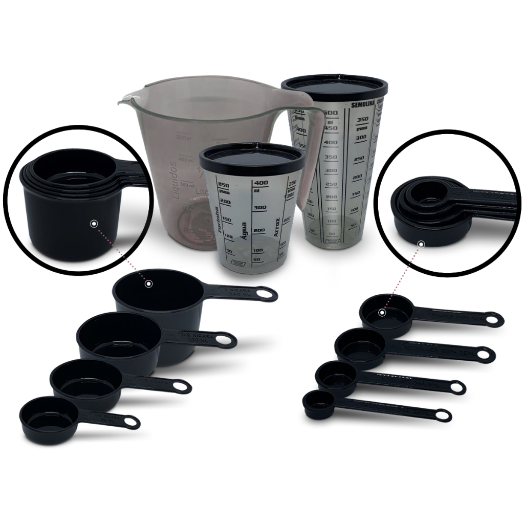 Kit's Medidas 11 Peças Com Jarra 500ml, Copo (Com Tampa), Copo Pequeno (Com Tampa), Xicara e Colheres Preto. Resistentes