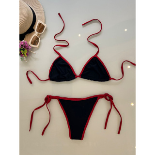 Biquini Sem Bojo Cortininha Preto E Vermelho em Oferta na Shopee