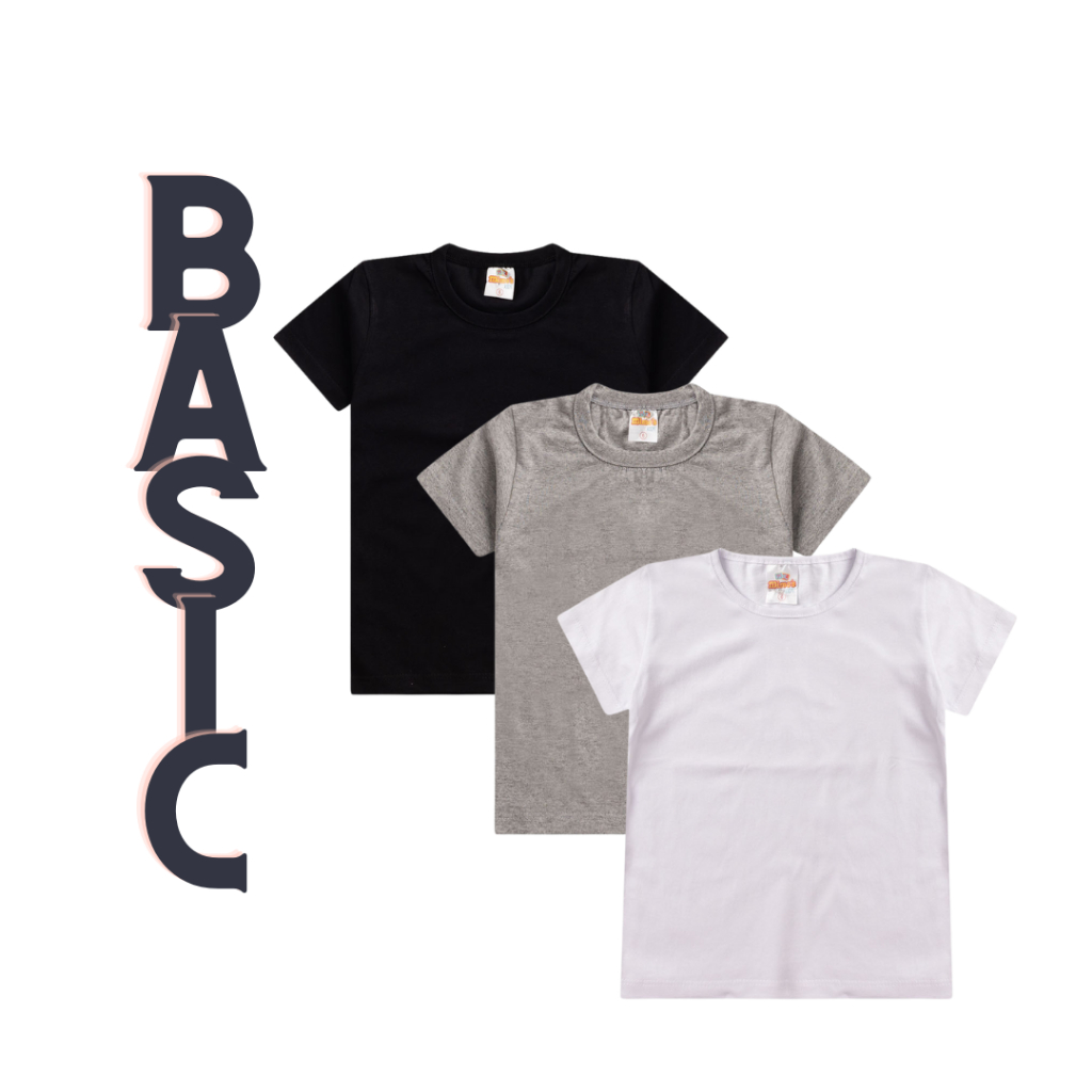 Kit 3 Camiseta Básica Infantil Unissex escolar Tam 1 ao 14 anos.