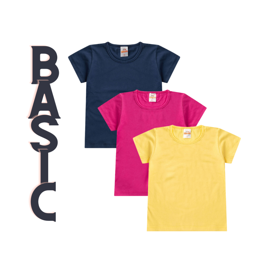 Kit 3 Camiseta Básica Lisa Feminina Tam 1 ao 14 anos.