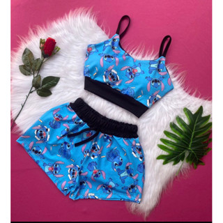 conjuntinho gringo feminino stitch e angel versátil short e cropped com bojo