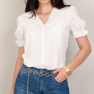 Blusa com Manga Bufante de Renda e Tecido de Renda para Mulheres