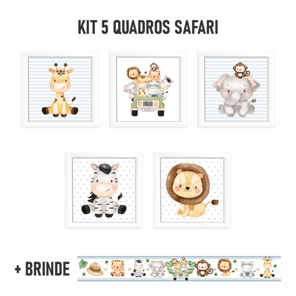 Kit 5 Quadros Infantil Tema Safari Quarto Bebê Menina/Menino - Home & Living