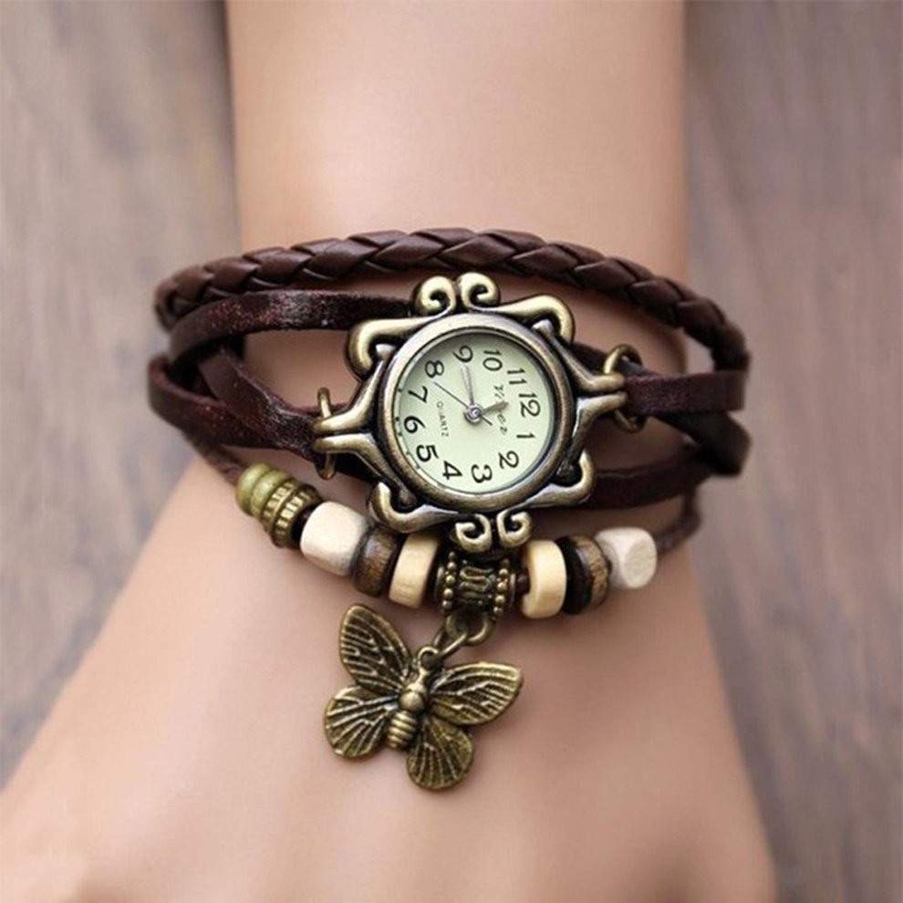 Relógio de Quartzo de Couro Feminino borboleta multi-camada  Pulseira cor Café feita à mão relógios de pulso ajustável