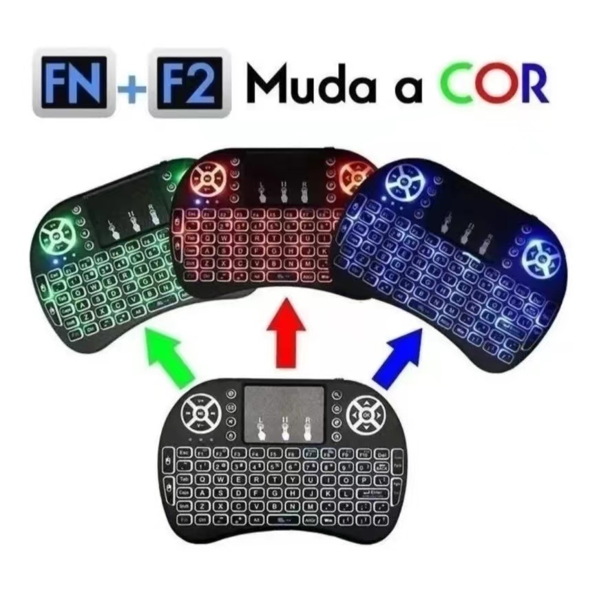 Mini Teclado Sem Fio Controle Wireless Touchpad Iluminado Com Led + Mouse Para Smart Tv Box Computadores Video Games E Notbooks Usb Smart Pc Ps3 receptor USB 2.4Ghz Bateria