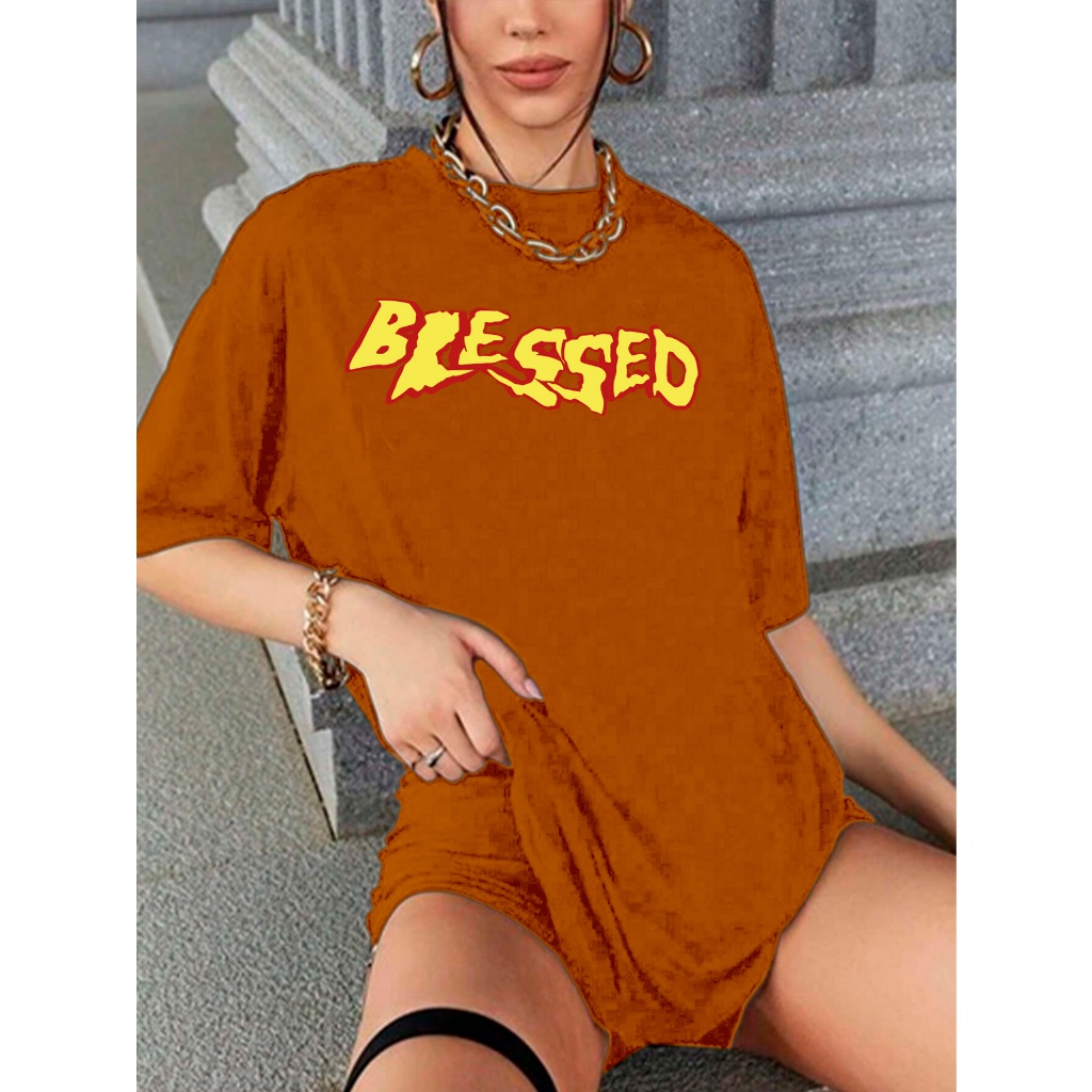 Camiseta Laranja Oversized Blessed Streetwear Tecido Macio Confortável Blusa Larga Feminina Colorida O