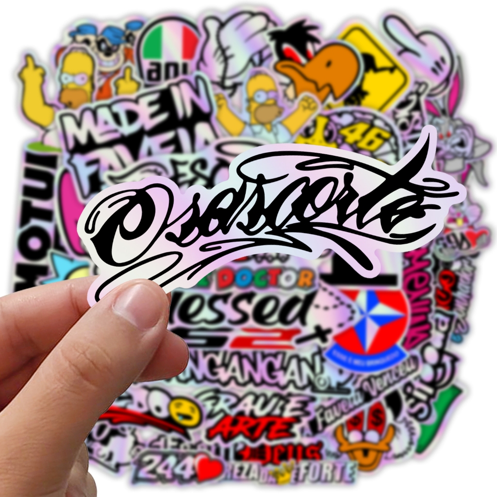 Jogo 40 Adesivos Diversos Holografico Camaleão Osascorte Blessed Caderno Notebook Capacete Viseira Carro Moto