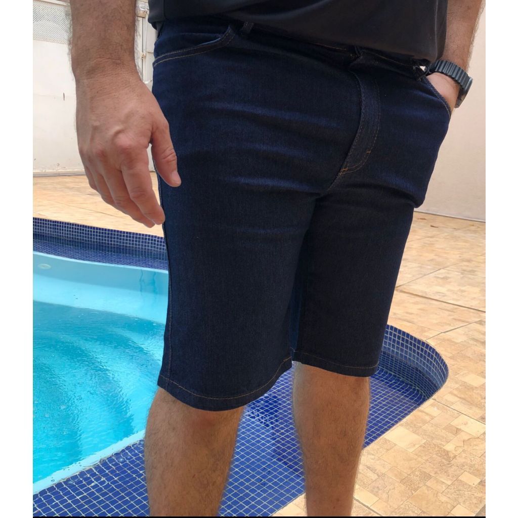 Bermuda Masculina Jeans Elastano Slim Shorts Lycra Azul Escuro Preto