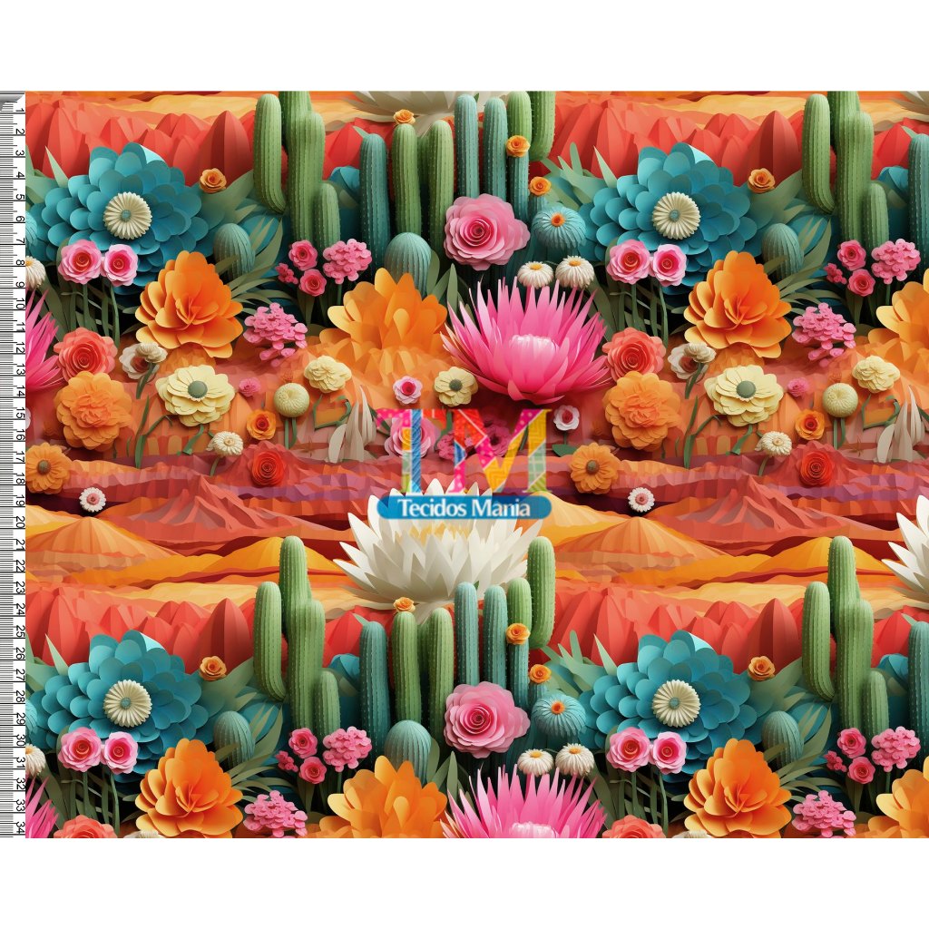 Tecido tricoline, microfibra ou gabardine estampado - Floral - cacto - colorido - 3d- 0.50CM