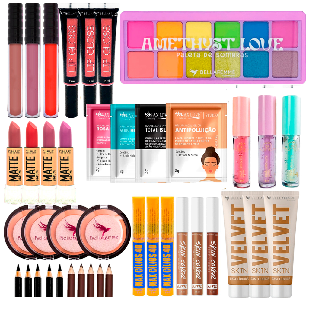 Combo Completo Kit de Maquiagem Revenda Sombra Corretivo  Lápis Rímel Máscara Facial