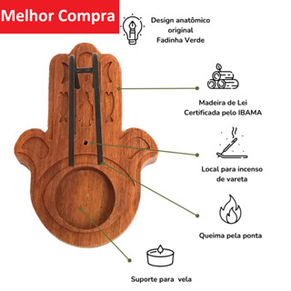 Incensário de Palo Santo Mão de Fátima (HAMSÁ) 1 VELA 1 PALO