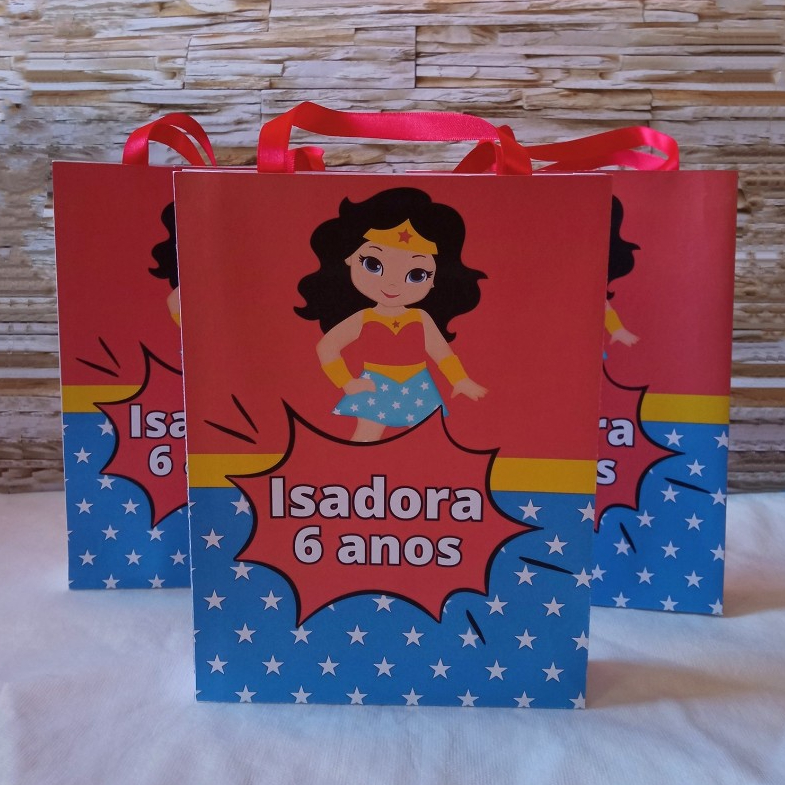 Sacolinha Pegue e Monte Mulher Maravilha Cute Lembrancinha Personalizada Festa Aniversário Infantil