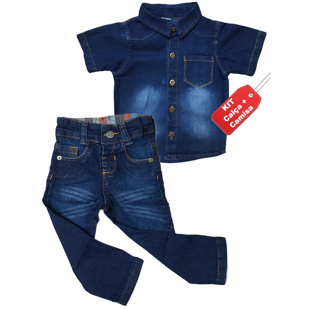Conjunto Menino Camisa Jeans Infantil Manga Curta Roupa Menino Calça Jeans Casamento Aniversário