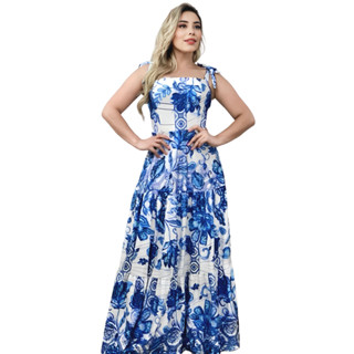 Vestido Longo Alça de Amarrar Primavera Verão Plus Size