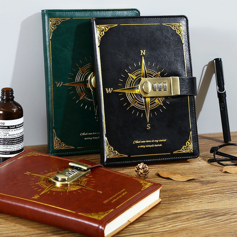Caderno pessoal com trava de senha ajustável, sem caneta.