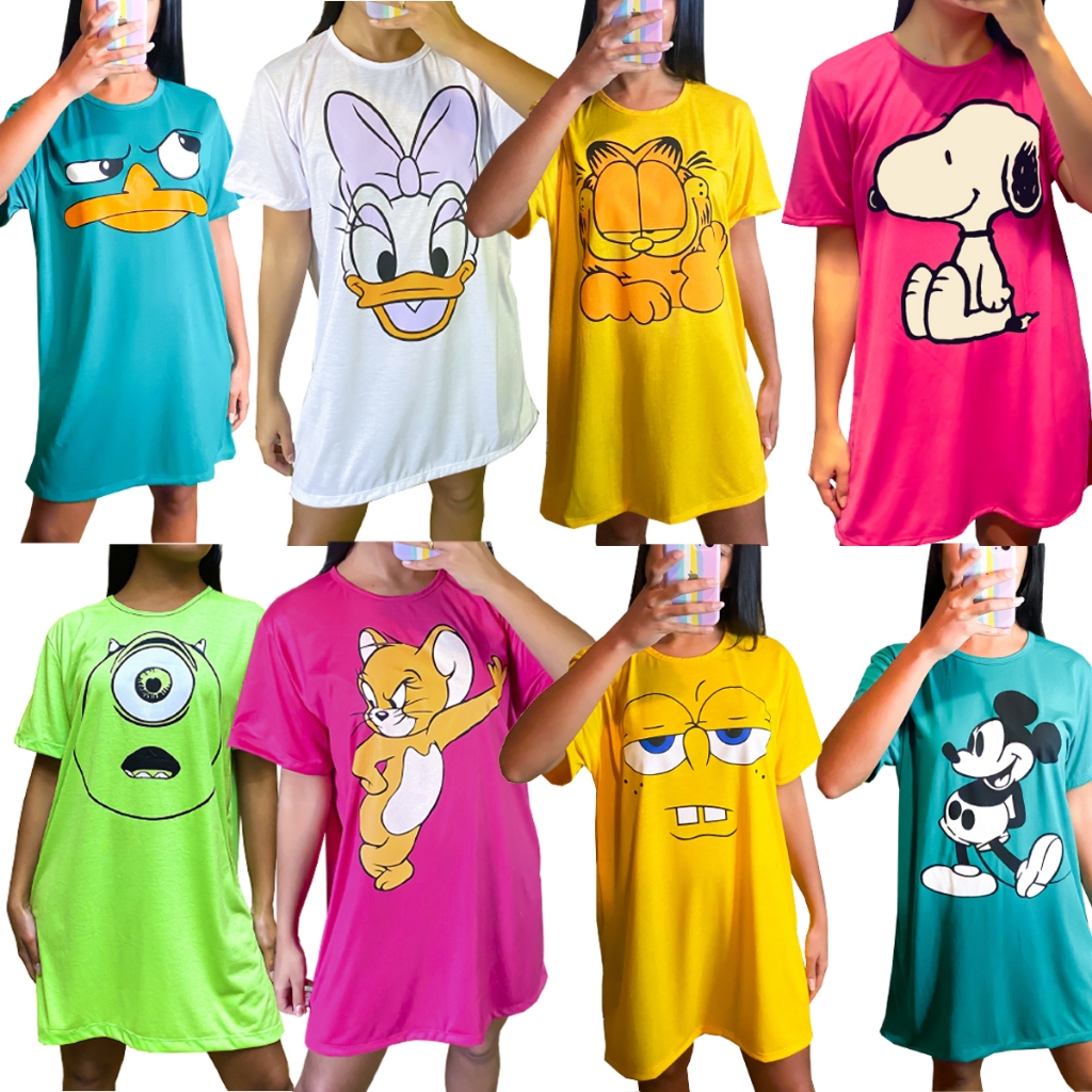 Camisola camisão vestido de manga personagem desenhos Divertidos feminino