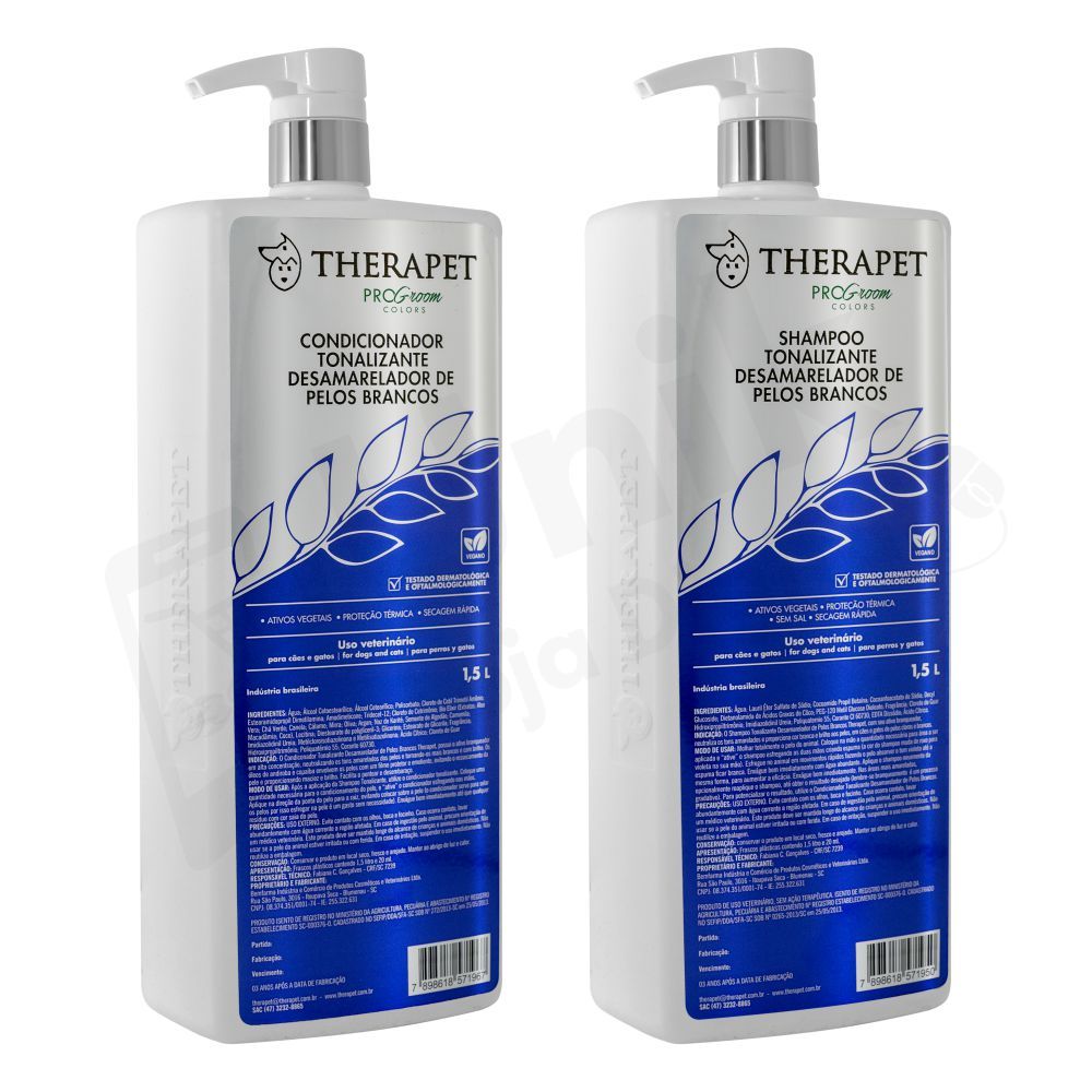 Kit Shampoo e Condicionador Tonalizante Desamarelador de Pelos Brancos 1.5L Therapet Banho Tosa Cães e Gatos Original