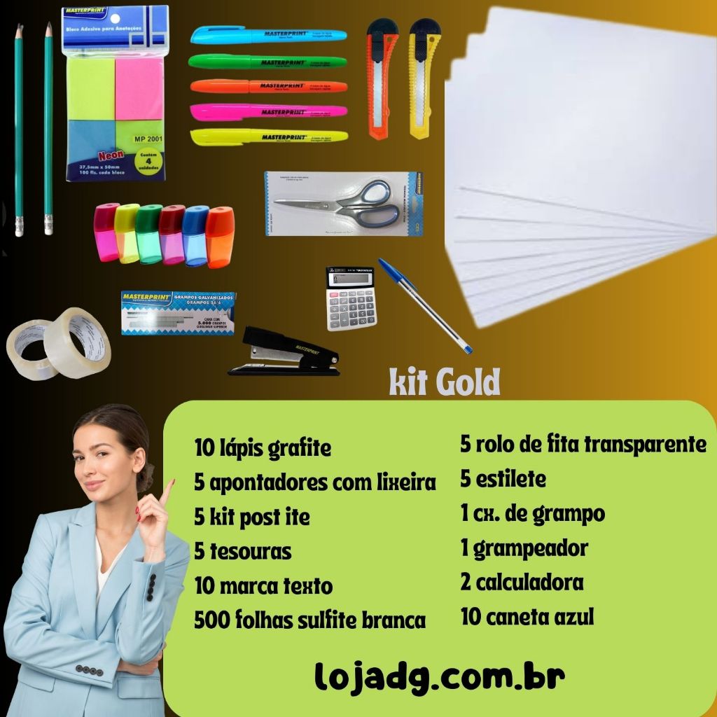 Kit Goold Escritório Lápis Grafite Apontador Post it Tesoura Caneta Marca Texto Papel Sulfite a4 Fita Transparente Estilete Grampo Grampeador Calculadora  e Canetas Azul