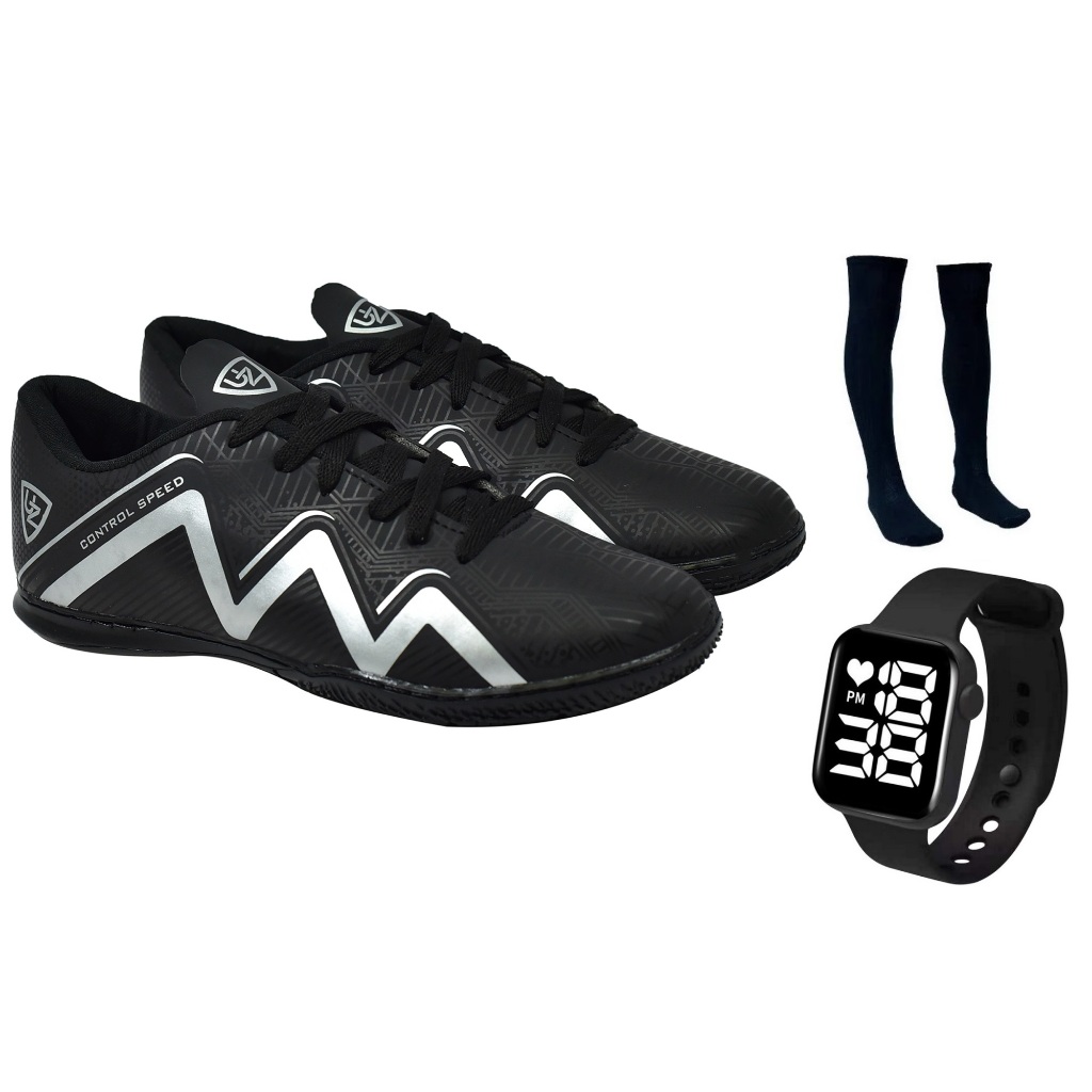 Chuteira Futsal Salão Quadra Nova 1000 Adulto Infantil Confortável Solado Costurado + Meião Relógio