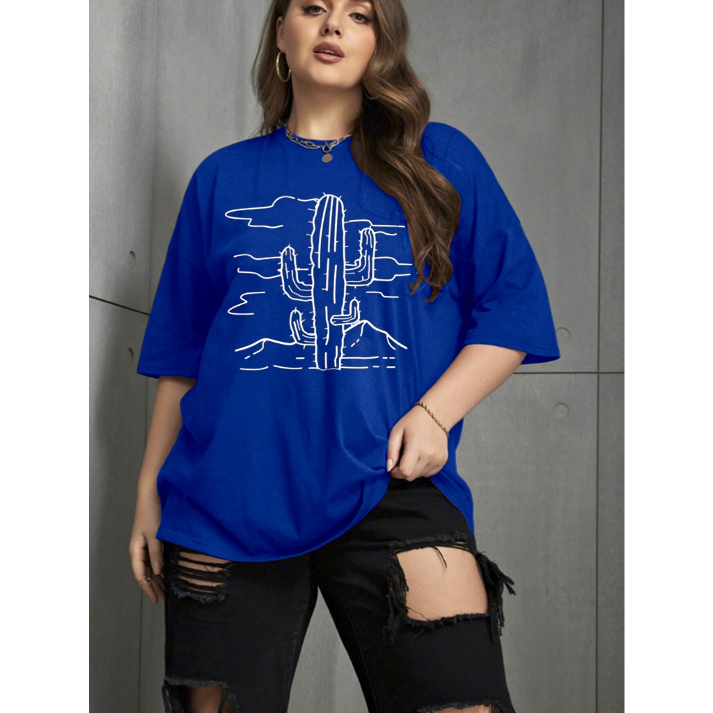 Camisa Feminina Cor Azul Royal Aesthetic Minimalista Oversized Confortável Estampada Paisagem Cacto