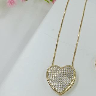 Cordão Coração Cravejado 45cm Folheado a Ouro18k 602600