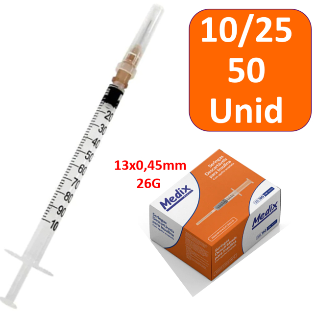 Seringa 1ml Com Agulha 13x0,45 (26G) Medix 10/25/50 Unidades