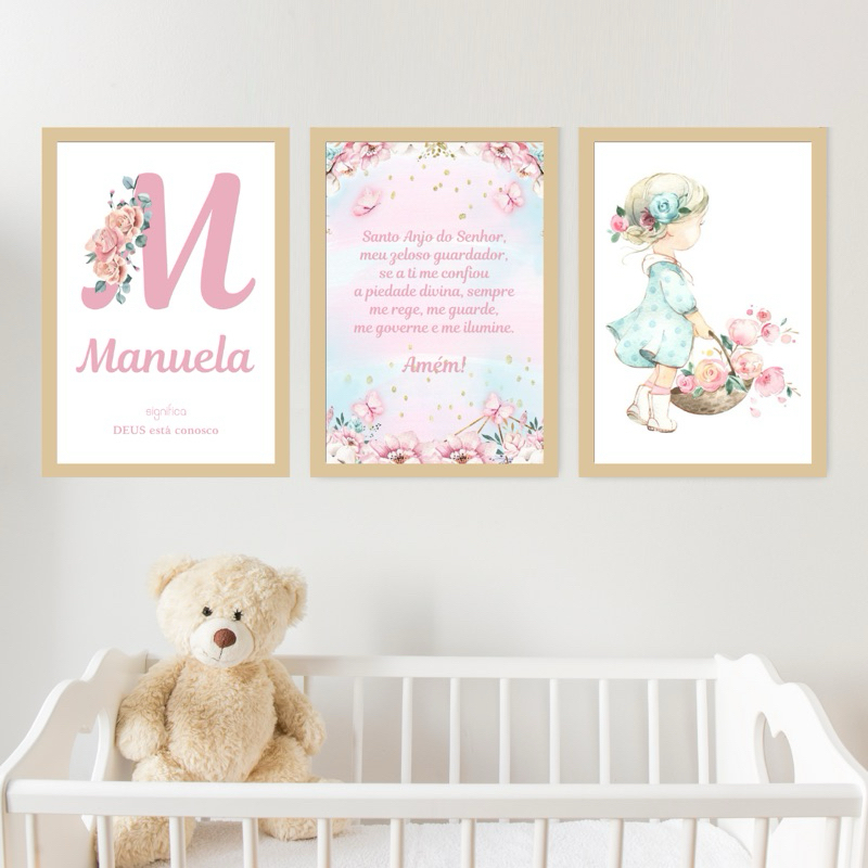 Kit 3 Quadros Decorativos Infantil Personalizado Nome Bebê Para Quarto Ou Porta Maternidade Jardim Encantado