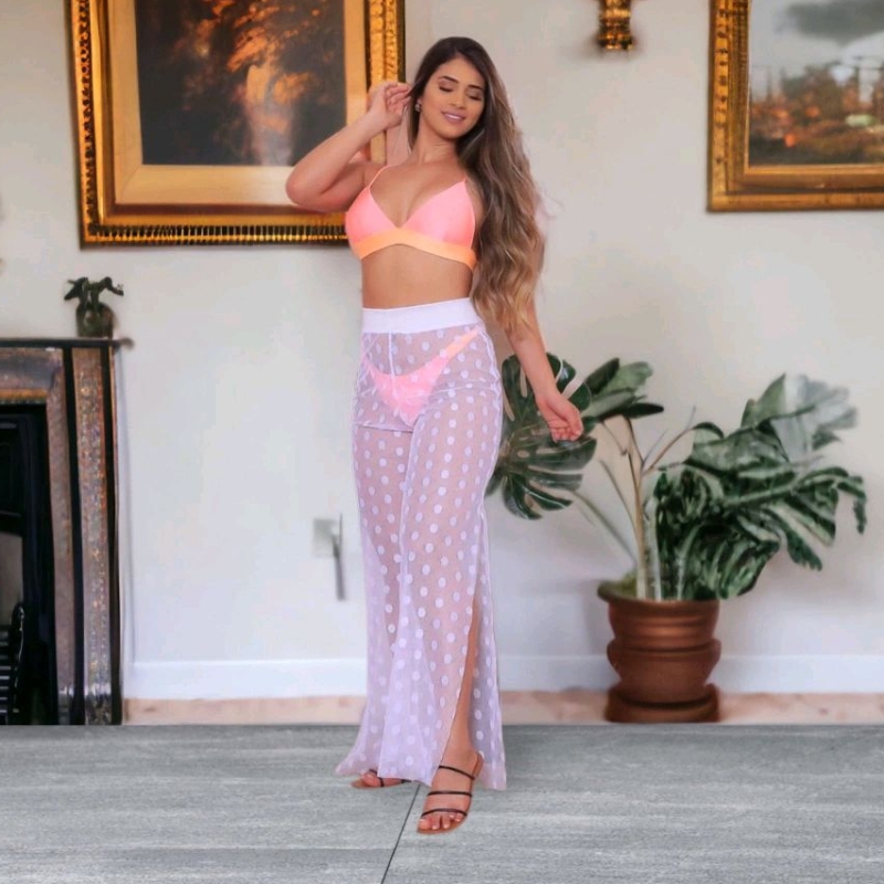 Saida de Praia Calca Feminina Com Fenda Tule Poa Moda Verão Calça Bolinha Semi-transparente