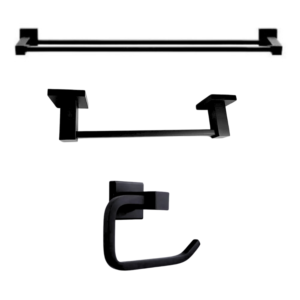 Kit black para banheiro 100% metal Porta toalha duplo porta toalha de rosto papeleira