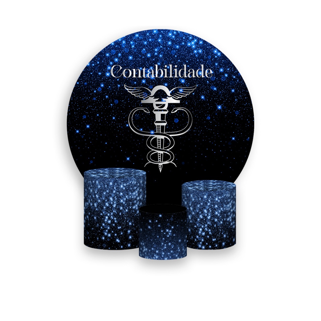 Painel De Festa Redondo + Trio De Capas Cilindro  - Profissão Contabilidade Efeito Glitter Azul 003