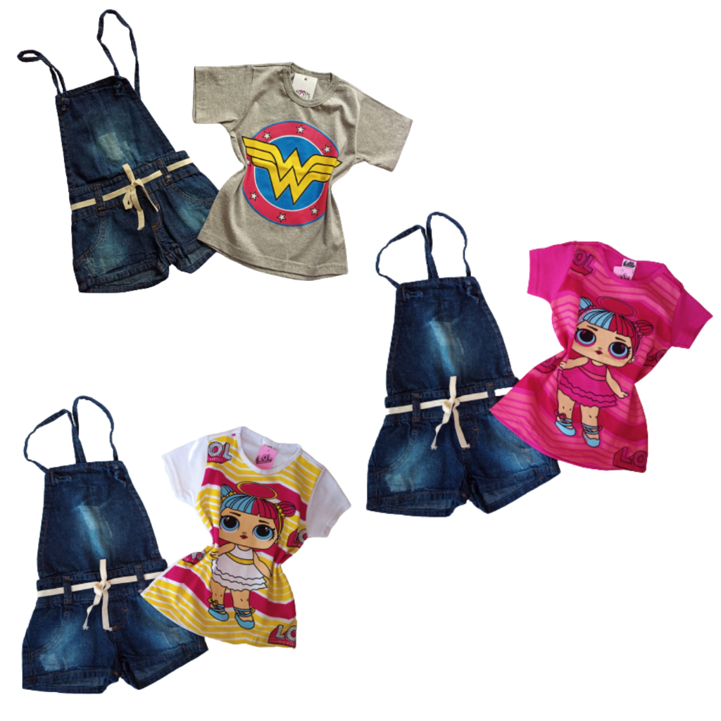 Conjunto Infantil para Menina de Jardineira Jeans e blusa estampada