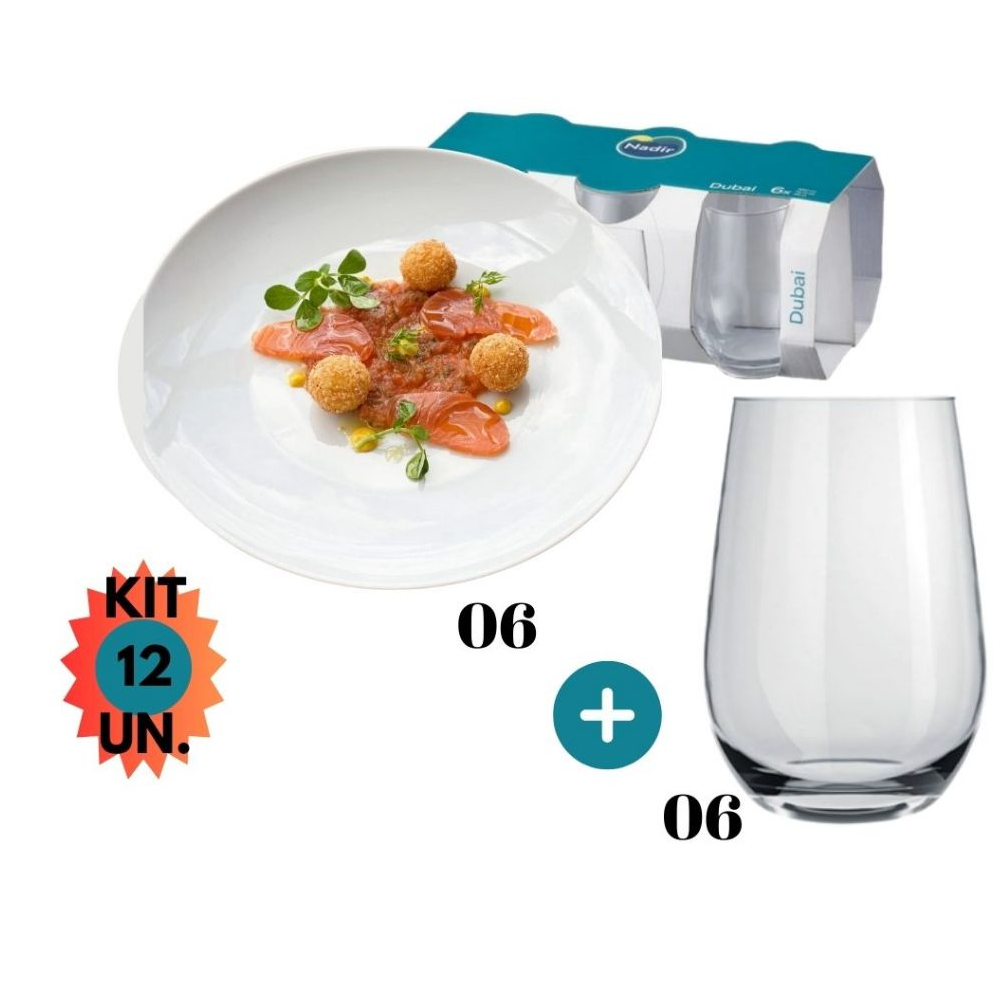 Jogo 12 Peças Jantar 06 Prato Raso + 06 Copo Dubai 480ML Vidro Duralex Almoço Redondo Mesa Posta