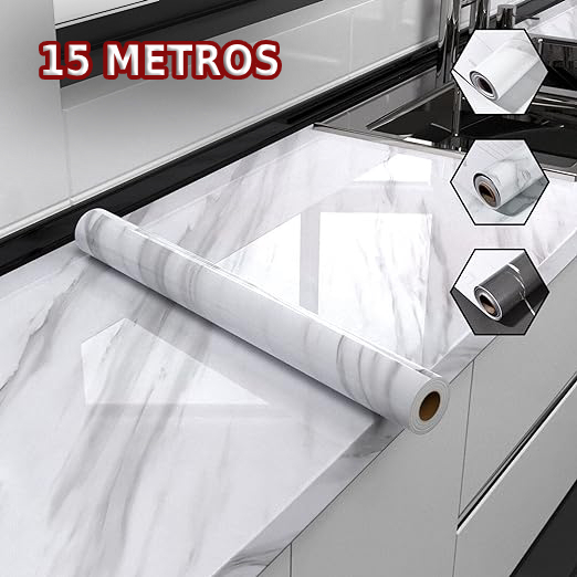 Adesivo 15m x 60cm / 9m² Marmore Branco de cozinha Resistente a Agua/Óleo/Fogo