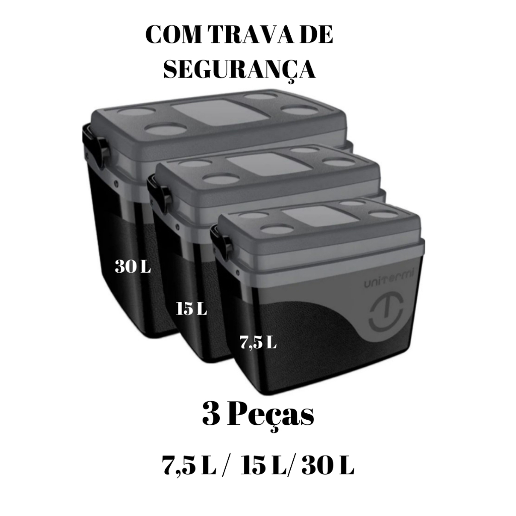 Kit Caixa térmica Cooler 7,5L + 15L + 30L Alça Tampa  com Trava bandeja Floripa Unitermi Cerveja Praia Churrasco 3 peças
