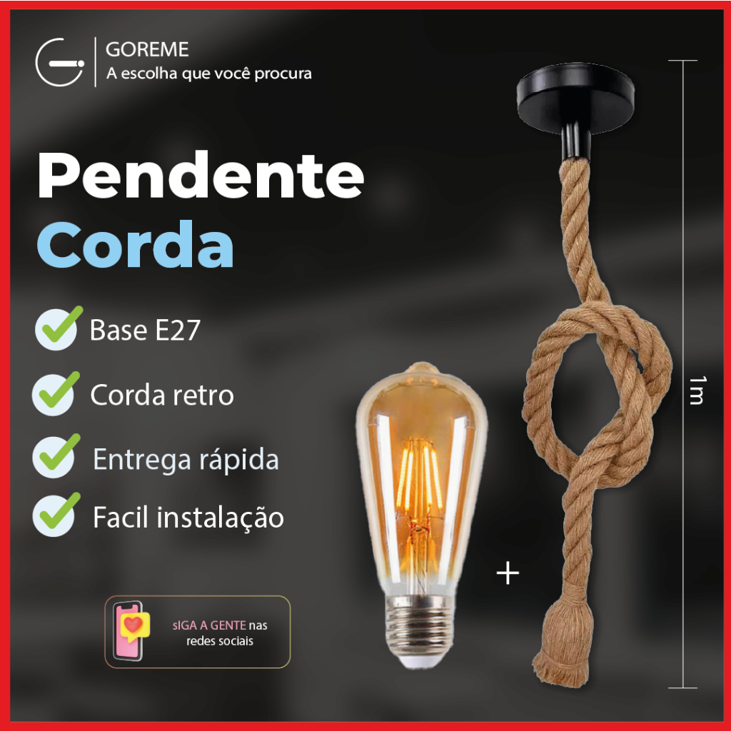 Pendente Corda + Filamento LED 1M Retro Vintage Rústico Sisal E27 Para Decoração Com Detalhes Pérola Preta | Filamento ST64, G80, G95 , G125, G45 ou ST64 em Oferta na Shopee