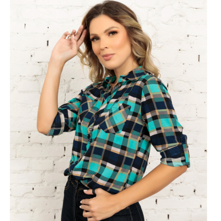 Camisa xadrez feminina Viscose Moda Com bolsos