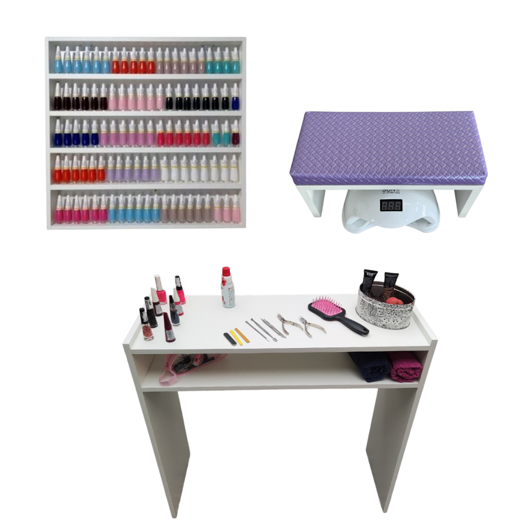 Mesa Para Manicure + Nicho Para Esmaltes + Apoio De Punho Roxo em Oferta na Shopee