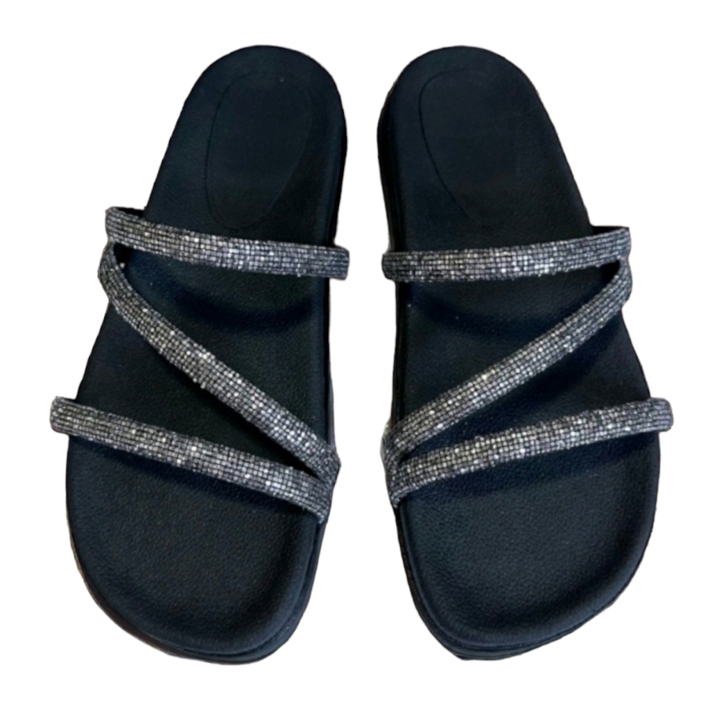 Sandália Papete Birken Feminina 3 Tiras Com Brilho Glitter Sapatilha Chinelo Rasteirinha Tendência Luxo