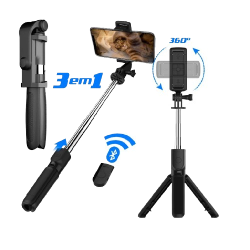 Bastão Pau de Selfie Retrátil com Bluetooth Suporte Tripé Celular Smartphone