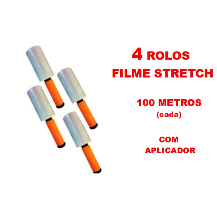 4 Rolos Filme Stretch C/ Cabo Adaptador (10cm) 100 Metros (cada)