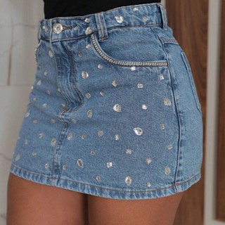 Mini Saia Jeans Brilho Feminina Com Strass