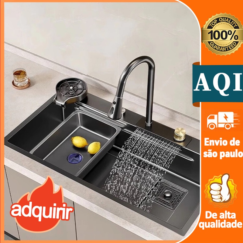 Kit Cuba Cozinha Gourmet Aço Inox C/ Torneira Flexível Preto 75x45x20 cm Em estoque para envio imediato