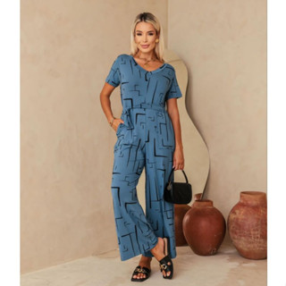 Macacão Saruel Pantalona com Cinto Manga Curta Viscolycra Soltinho Moda Feminina 38 a 46