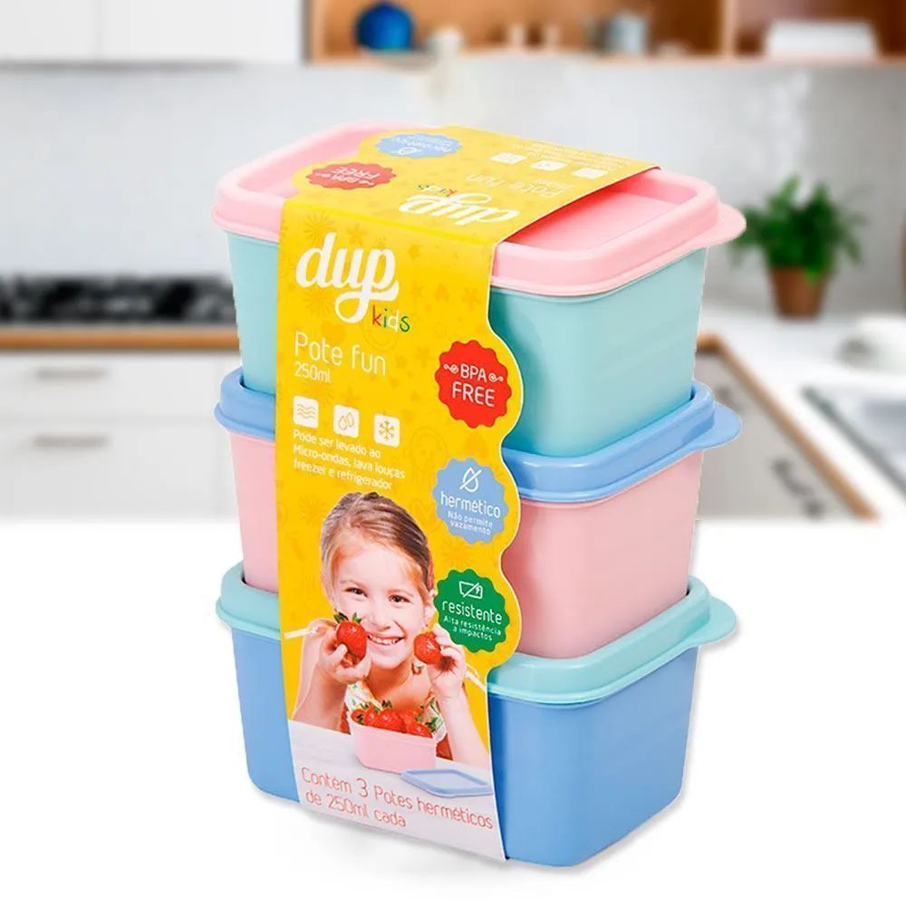 Kit 3 potes fun kids dup candy colors / potinhos coloridos ideal para lanche, lanchinho, lancheira infantil 250 ou 460 ml - BPA free